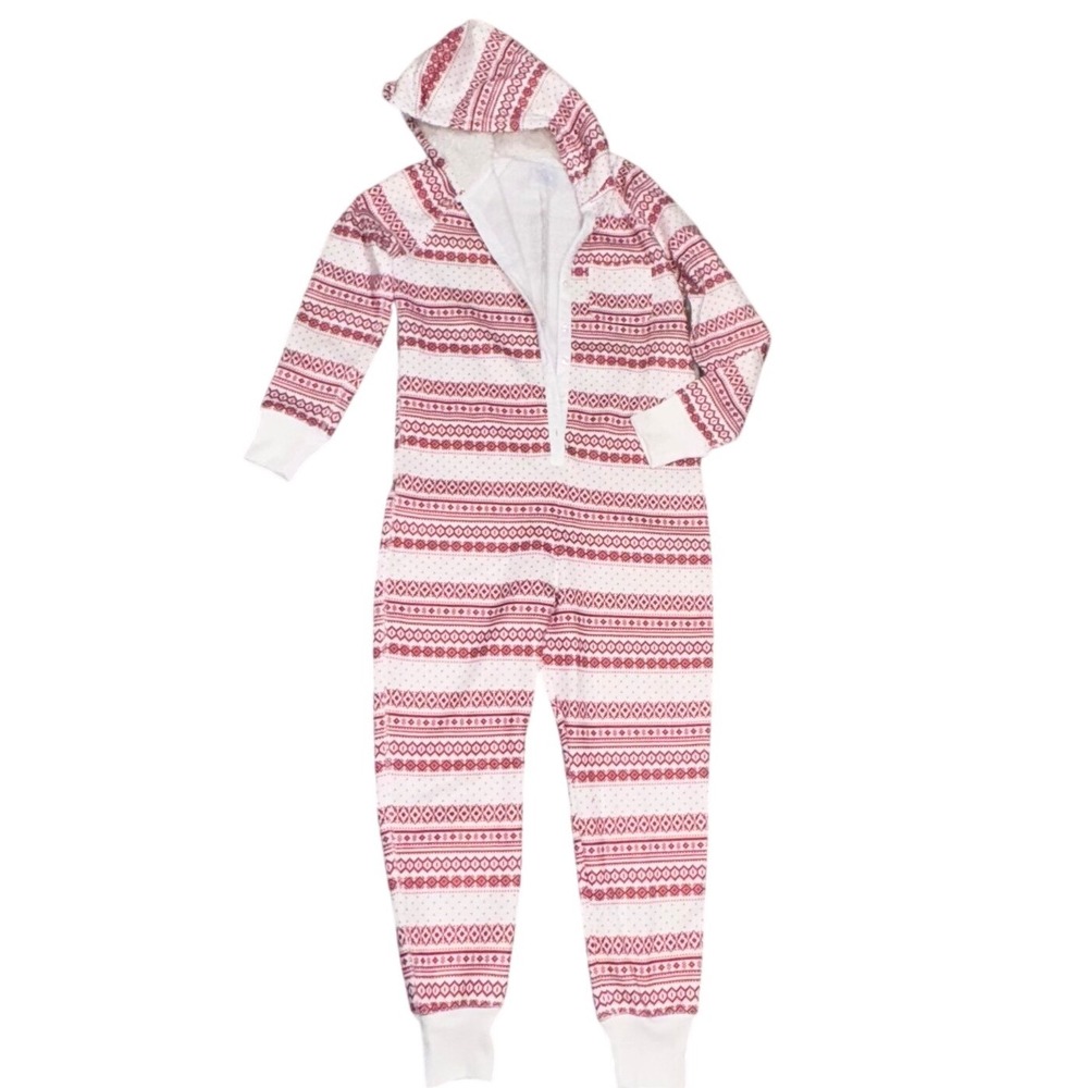 Abercrombie & Fitch Union Suit Womens M/L Red White Fair Isle‎ Fleece Hooded EUC